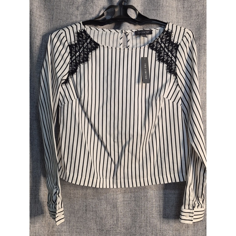 The Limited Y2K Long Sleeve XS Striped Career Top NEW $79 Lace Black White - Picture 2 of 7